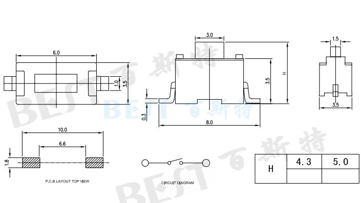 輕觸開關(guān)TS-1101參考圖紙 輕觸開關(guān)TS-1101參考圖紙